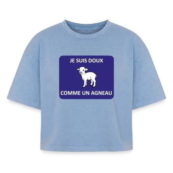 Doux comme un agneau - T-shirt femme boxy effet acid wash Premium - bleu délavé acide - Devant - AI Model Female 172 light (172cm)