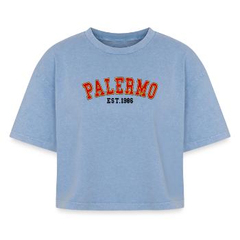 Palerme fondé en 1986 - T-shirt femme boxy effet acid wash Premium - bleu délavé acide - Devant - AI Model Female 172 light (172cm)