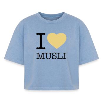 I LOVE MUSLI Müsli - Boxy Frauen Premium Acid-Washed T-Shirt - Blau Acid Wash - Vorne - AI Model Female 172 light (172cm)