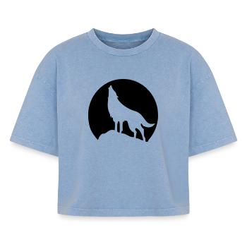 Wolf - Mond - Boxy Frauen Premium Acid-Washed T-Shirt - Blau Acid Wash - Vorne - AI Model Female 172 light (172cm)