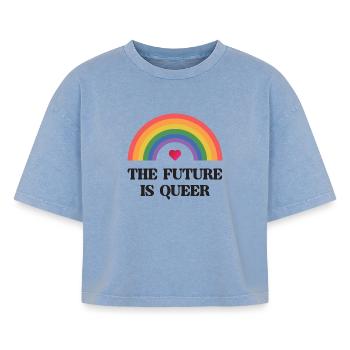 Mois de la fierté LGBT - L’avenir est queer - T-shirt femme boxy effet acid wash Premium - bleu délavé acide - Devant - AI Model Female 172 light (172cm)