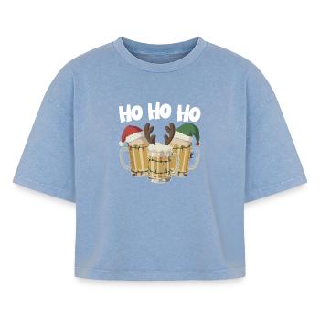 Weihnachtsbier Trio mit Lichtern Ho Ho Ho Bier - Boxy Frauen Premium Acid-Washed T-Shirt - Blau Acid Wash - Vorne - AI Model Female 172 light (172cm)
