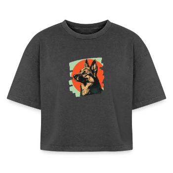 Chien de berger - T-shirt femme boxy effet acid wash Premium - noir délavé acide - Devant - AI Model Female 172 light (172cm)