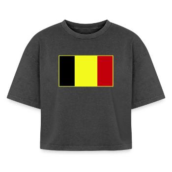 Drapeau tricolore personnalisable - T-shirt femme boxy effet acid wash Premium - noir délavé acide - Devant - AI Model Female 172 light (172cm)