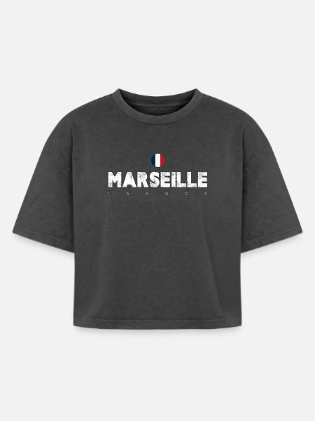 Marseille France Vintage Distressed Typography - Boxy Women's Premium Acid Washed T-Shirt - acid washed black