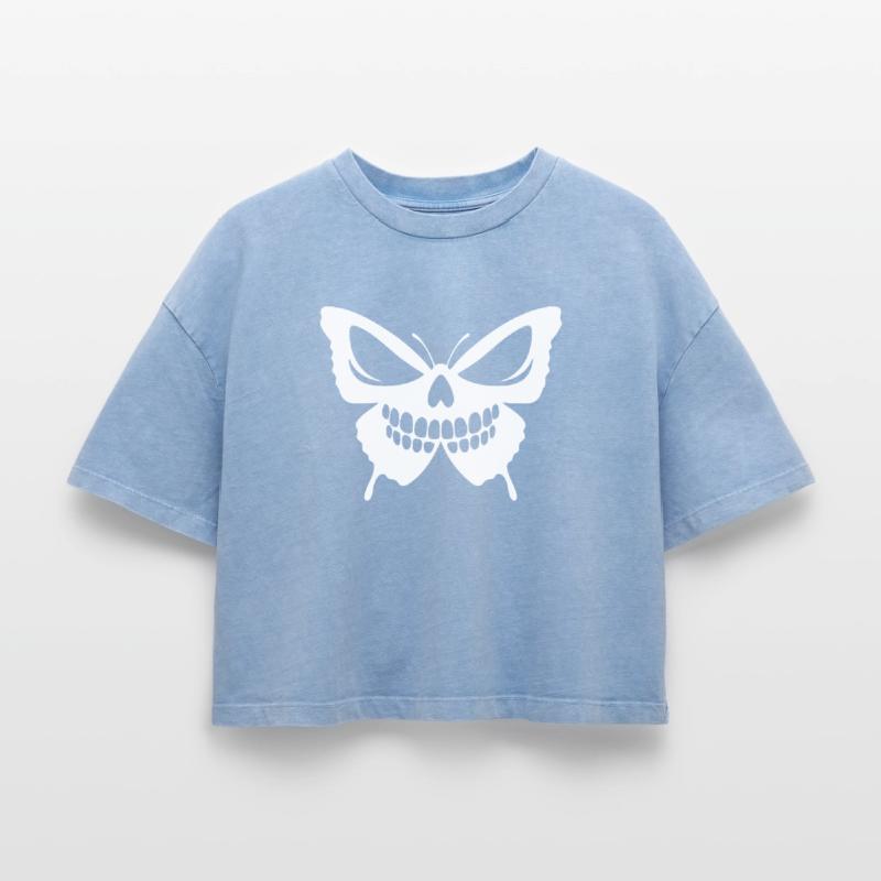 Conception complexe de crâne de papillon T-shirt femme boxy effet acid wash Premium