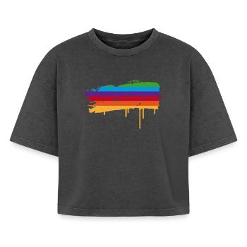 Rainbow Brush Stroke with Drops of Paint - Boxy Women's Premium Acid Washed T-Shirt - acid washed black - Front - AI Model Female 172 light (172cm)
