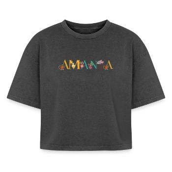 AMANDA Art du nom avec des fleurs brodées - T-shirt femme boxy effet acid wash Premium - noir délavé acide - Devant - AI Model Female 172 light (172cm)