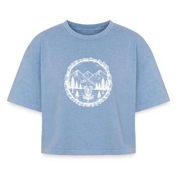 Disc Golf Scène Montagne Basket Volant - T-shirt femme boxy effet acid wash Premium - bleu délavé acide - Devant - AI Model Female 172 light (172cm)