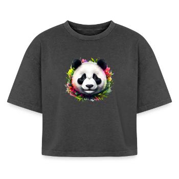 Panda - Boxy Frauen Premium Acid-Washed T-Shirt - Schwarz Acid Wash - Vorne - AI Model Female 172 light (172cm)