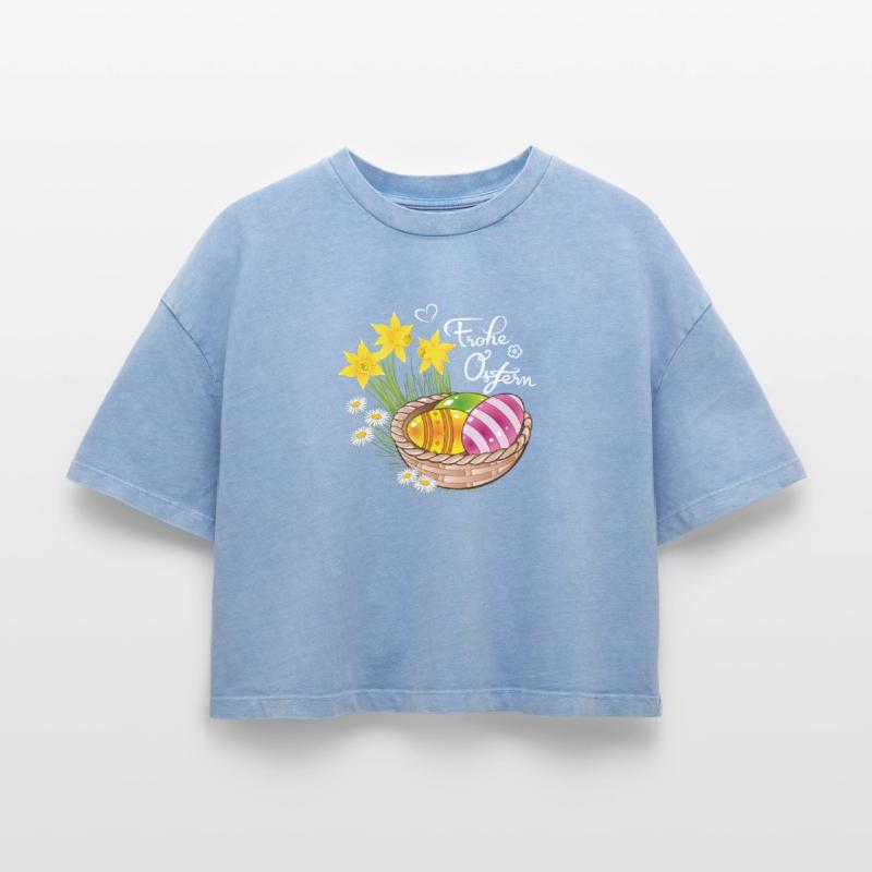 Happy Easter Easter basket Easter eggs Easter flowers eggs Boxy Women's Premium Acid Washed T-Shirt