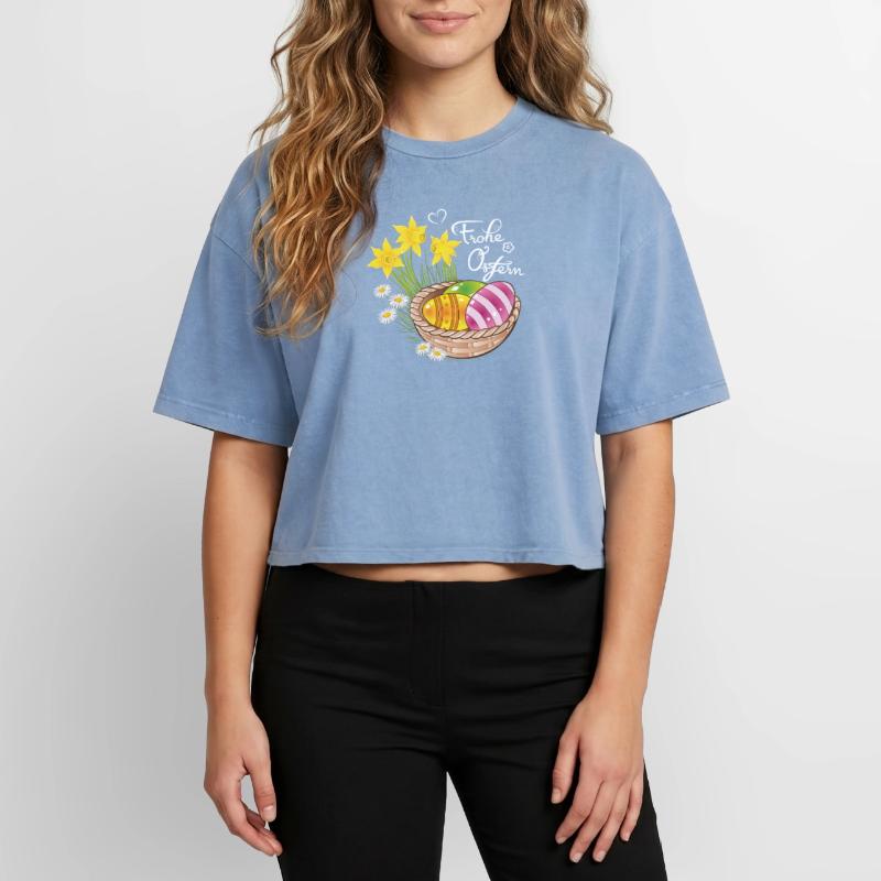 Happy Easter Easter basket Easter eggs Easter flowers eggs Boxy Women's Premium Acid Washed T-Shirt
