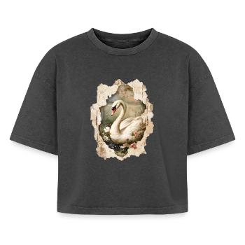 cygne - T-shirt femme boxy effet acid wash Premium - noir délavé acide - Devant - AI Model Female 172 light (172cm)