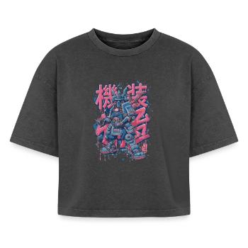 Samurai Mech – Anime Manga Robot Motif - Boxy Women's Premium Acid Washed T-Shirt - acid washed black - Front - AI Model Female 172 light (172cm)