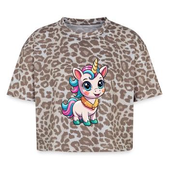 Licorne mignon personnage de dessin animé Kawaii Clipart - T-shirt boxy femme léopard premium - Leopard print - Devant - AI Model Female 172 dark (172cm)