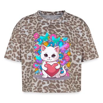 Chat Printemps Fleurs Coeur Enfants Bébé Chaton - T-shirt boxy femme léopard premium - Leopard print - Devant - AI Model Female 172 dark (172cm)