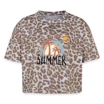 Coucher de soleil pastel sur l’île avec palmiers - T-shirt boxy femme léopard premium - Leopard print - Devant - AI Model Female 172 dark (172cm)
