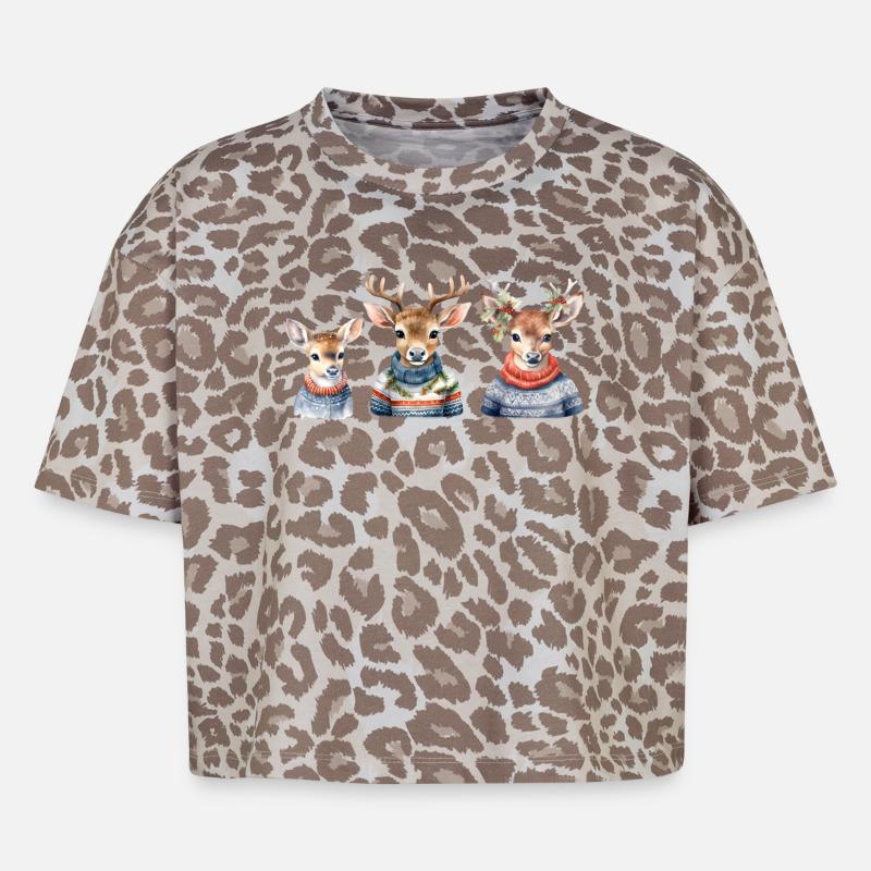 Trio de Pull de Cerf d’Hiver - T-shirt boxy femme léopard premium - Leopard print