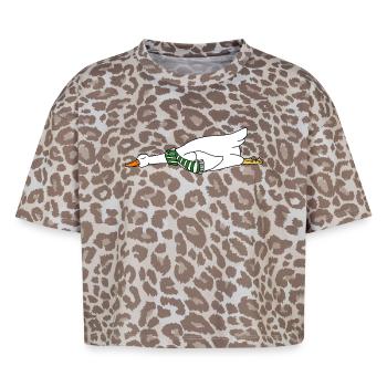 Funny Flying Duck Goose Scarf Cozy Winter Holiday - Boxy Leo Women's Premium Organic T-Shirt - Leopard print - Front - AI Model Female 172 dark (172cm)