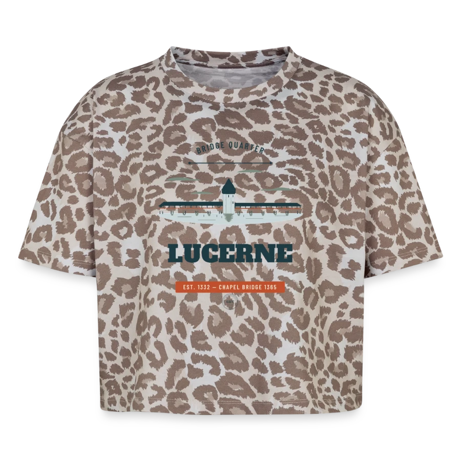 Lucerne badge on a boxy leo women's premium organic t-shirt, Leopard print