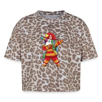 Pompier licorne en tamponnage, Papa Premier intervenant Gi - T-shirt boxy femme léopard premium - Leopard print - Devant - AI Model Female 172 dark (172cm)
