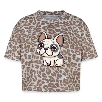 Bulldog Cartoon Blanc et Gris - T-shirt boxy femme léopard premium - Leopard print - Devant - AI Model Female 172 dark (172cm)