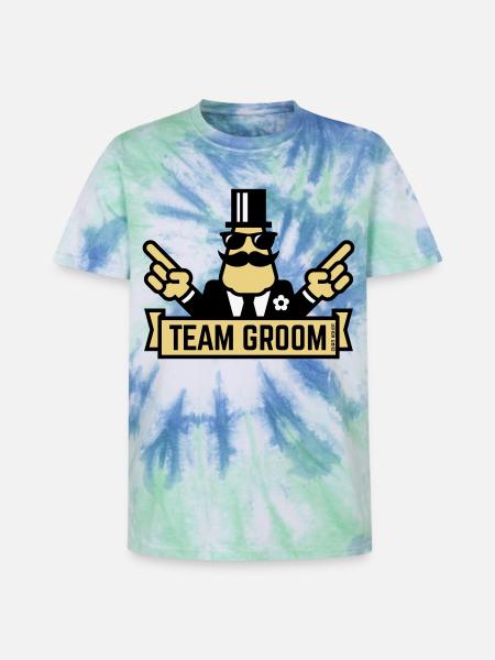Team Groom (Pointing Stag Night Bachelor Party 3C) - Unisex Premium Tie-Dye T-Shirt - Blue Spiral