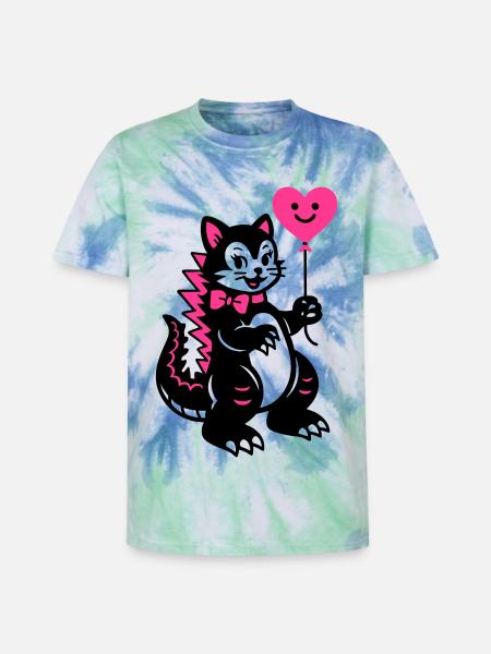 Monster Cat Pink - Unisex Premium Tie-Dye T-Shirt - Blue Spiral