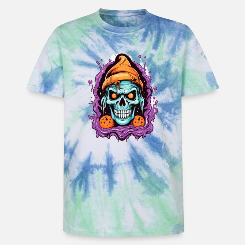 Graffiti Skull with Halloween Elements - Unisex Premium Tie-Dye T-Shirt - Blue Spiral