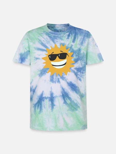 Sunburst Smiling with Sunglasses - Unisex Premium Tie-Dye T-Shirt - Blue Spiral