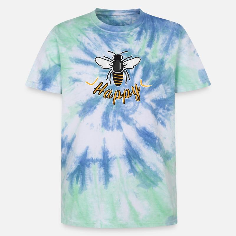 Happy bee with 'Happy' lettering - Unisex Premium Tie-Dye T-Shirt - Blue Spiral