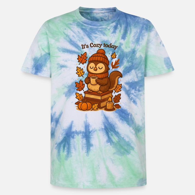 Gemütliche Herbst-Eule mit Tee Mütze  - Unisex Premium Tie Dye T-Shirt - Spiralblau