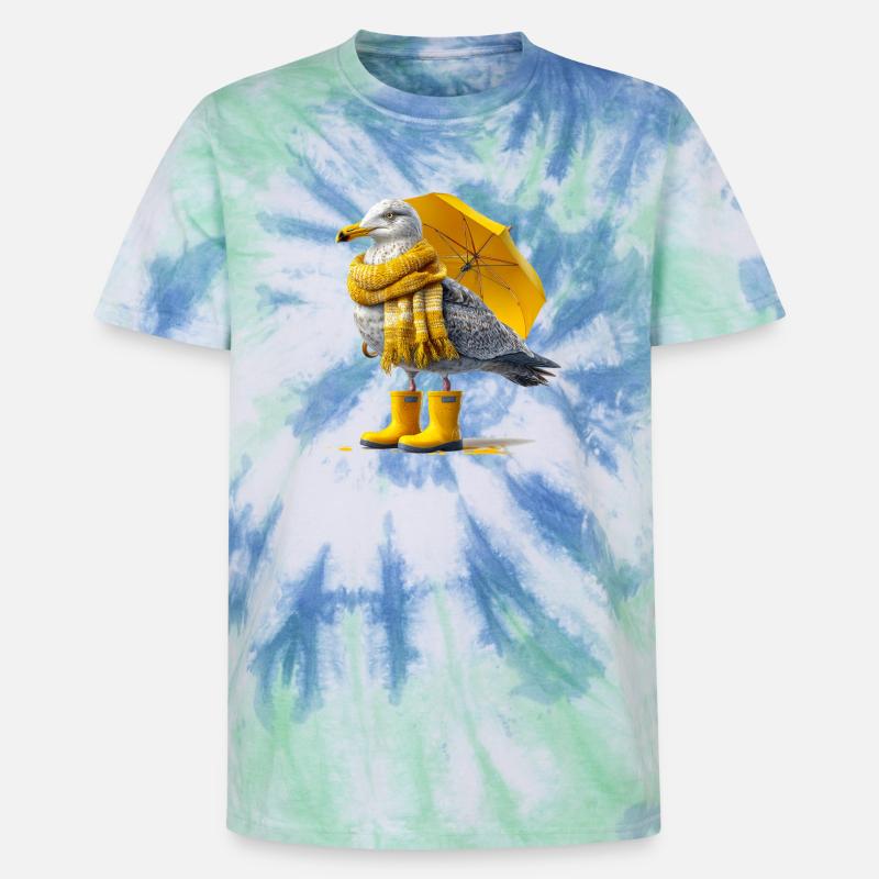 Seemöwe mit Gelbem Regenschirm und Boots - Unisex Premium Tie Dye T-Shirt - Spiralblau