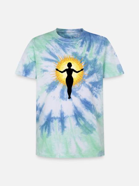 Woman embracing the sun - Unisex Premium Tie-Dye T-Shirt - Blue Spiral