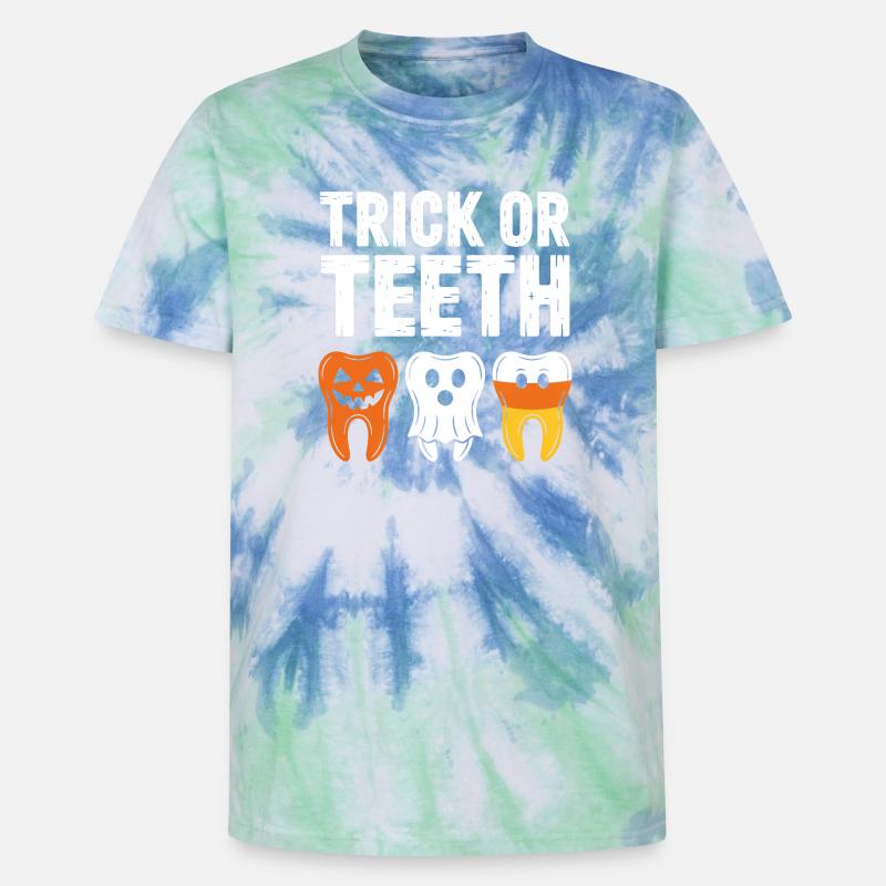Trick oder Teeth: Halloween Teeth Trio - Unisex Premium Tie Dye T-Shirt - Spiralblau