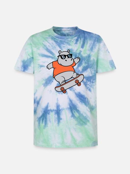 Cool Hippopotamus Skater Skateboard Vector - Unisex Premium Tie-Dye T-Shirt - Blue Spiral