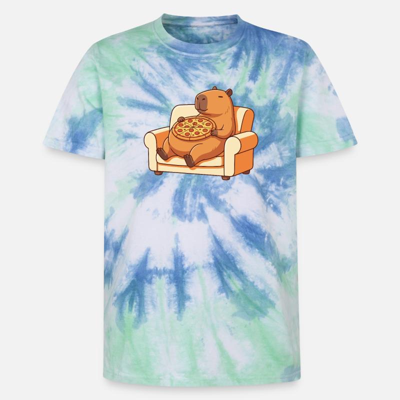 Pizza Capybara auf dem Sofa - Unisex Premium Tie Dye T-Shirt - Spiralblau