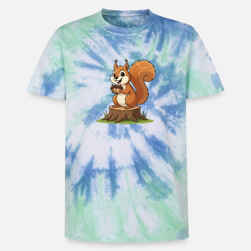 Eichhörnchen am Baumstumpf mit Eichel - Unisex Premium Tie Dye T-Shirt - Spiralblau