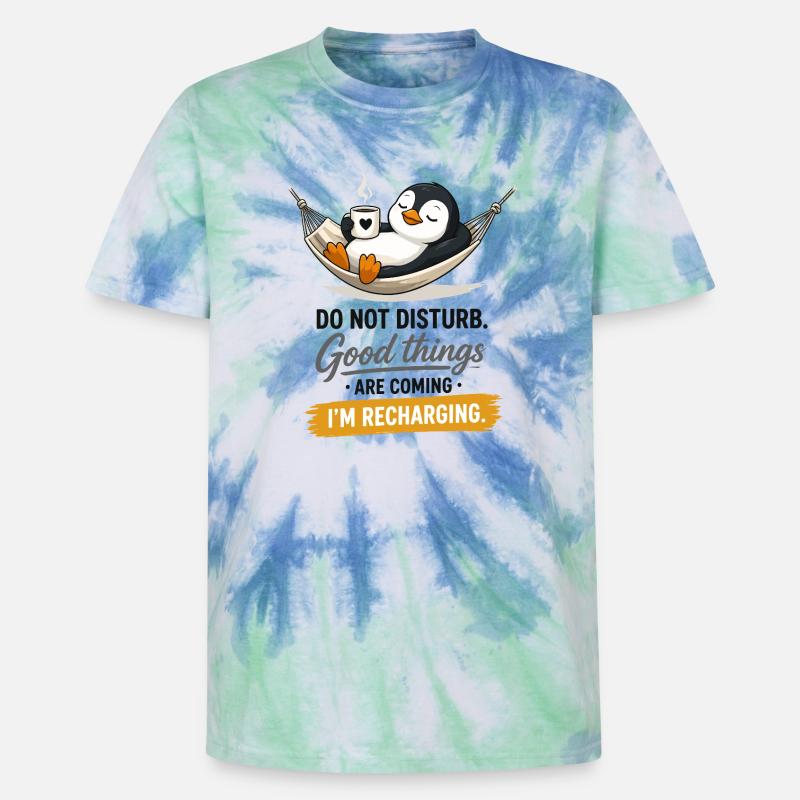 Penguin Recharging Hammock - Unisex Premium Tie-Dye T-Shirt - Blue Spiral