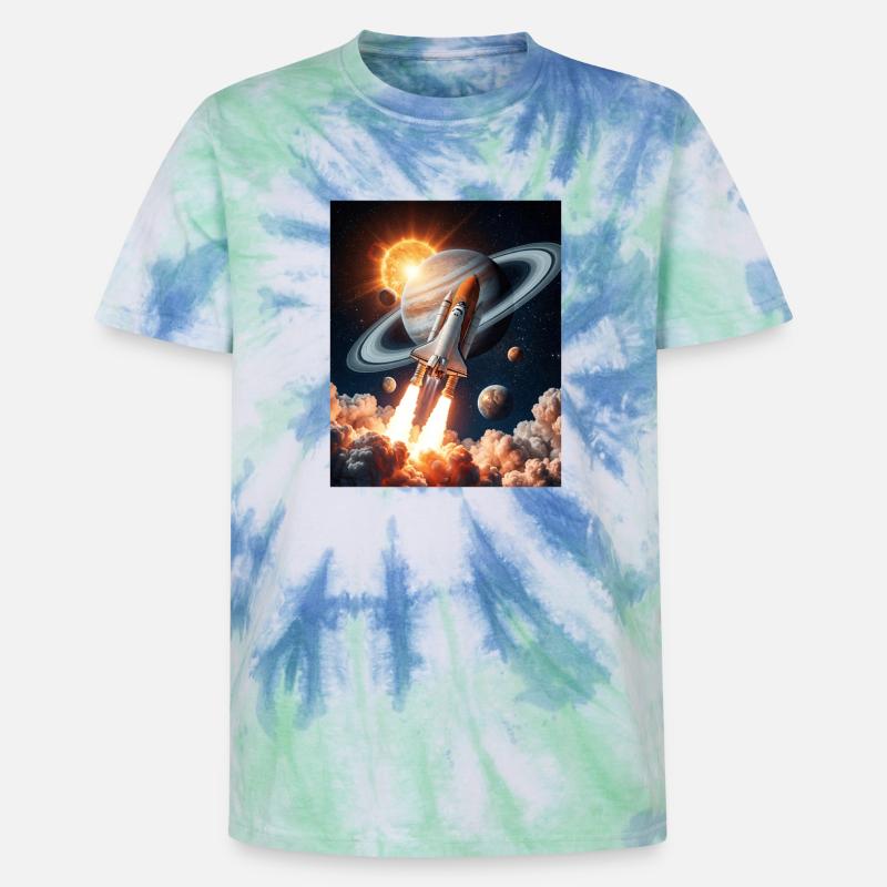 Fusée à travers les anneaux de Saturne dans l’espace - T-shirt tie-dye premium unisexe - bleu spirale