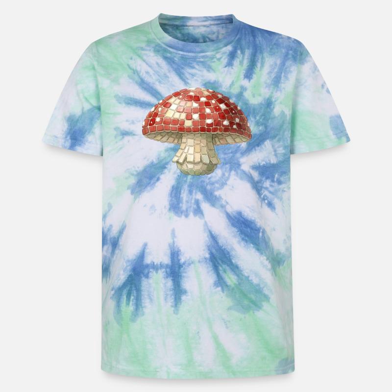 Toadstool Mosaic - Retro Forest for Mushroom Pickers - Unisex Premium Tie-Dye T-Shirt - Blue Spiral