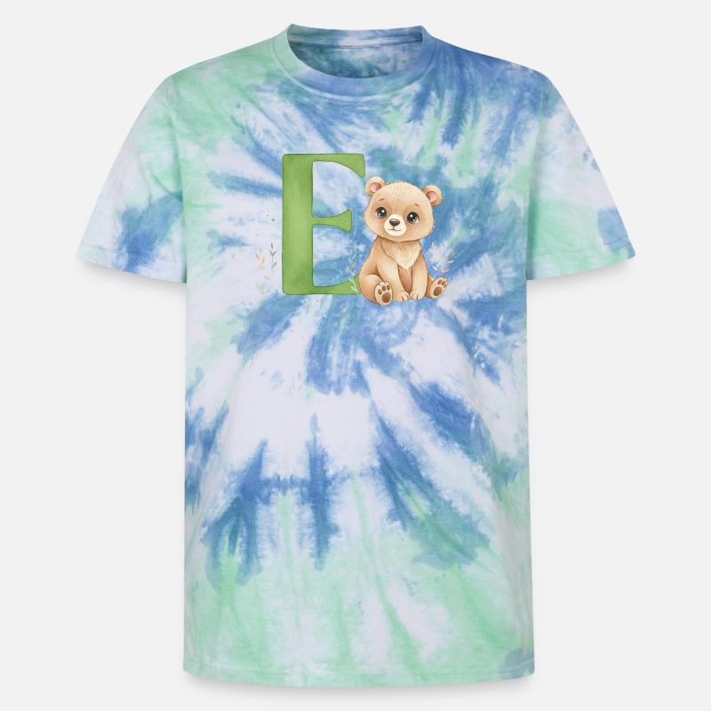 E mit Teddy: Verspielter Buchstabe E - Unisex Premium Tie Dye T-Shirt - Spiralblau