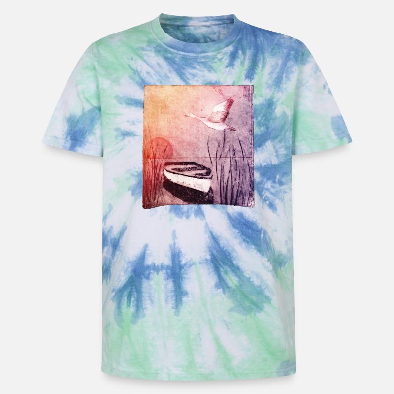 Boot am See - handgeschnitzte Druckvorlage - Unisex Premium Tie Dye T-Shirt - Spiralblau