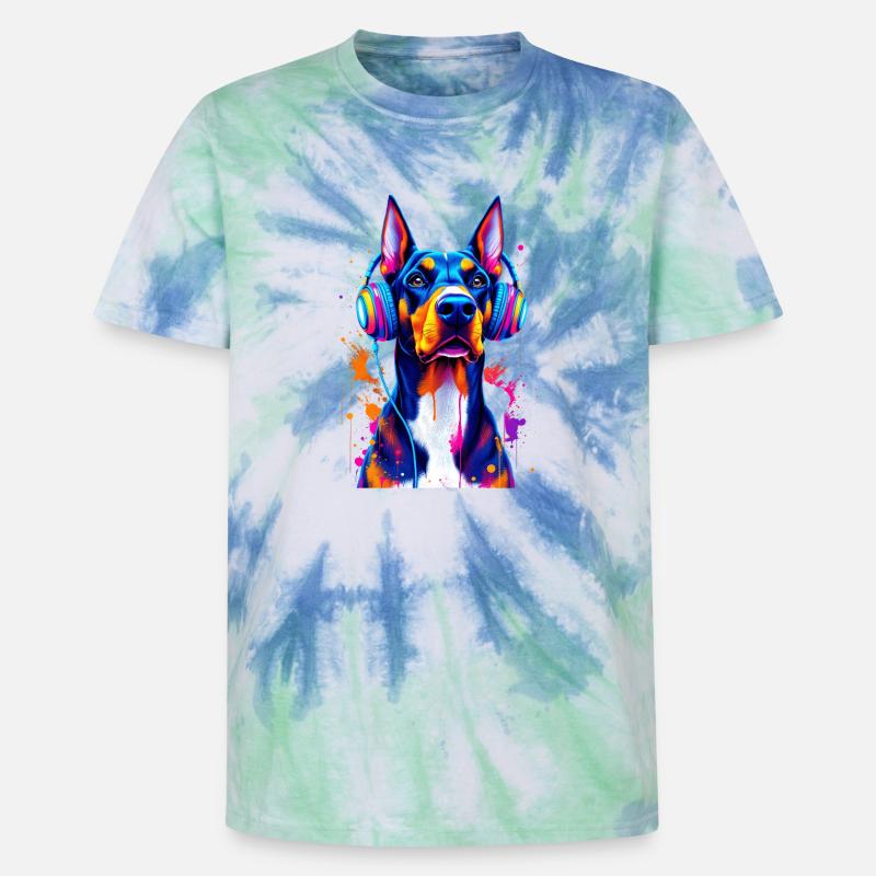 Dobermann mit Kopfhörern - Unisex Premium Tie Dye T-Shirt - Spiralblau