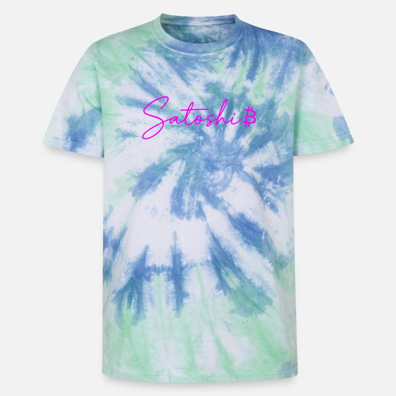 Satoshi Neon Lettering Bitcoin Script Pink - Unisex Premium Tie-Dye T-Shirt - Blue Spiral