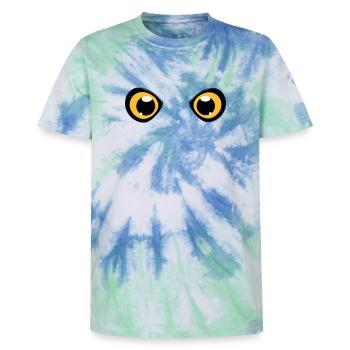 two shining eyes of an owl - Unisex Premium Tie-Dye T-Shirt - Blue Spiral - Front - AI Model Female 172 light (172cm) & AI Model Male 178 light (178cm)