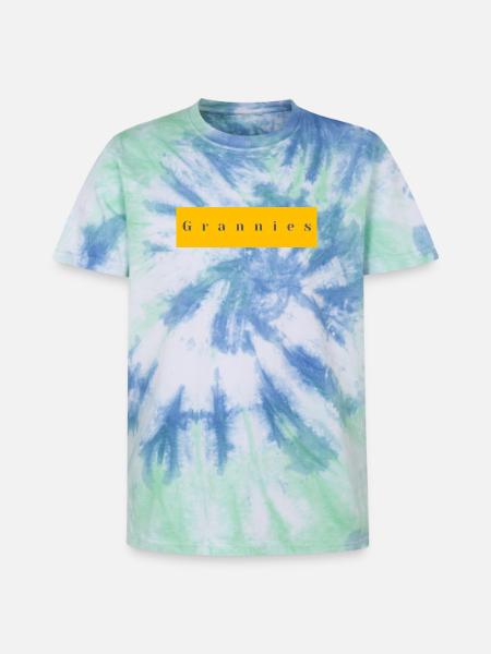 Omas Typografie Gelb Lila - Unisex Premium Tie Dye T-Shirt - Spiralblau