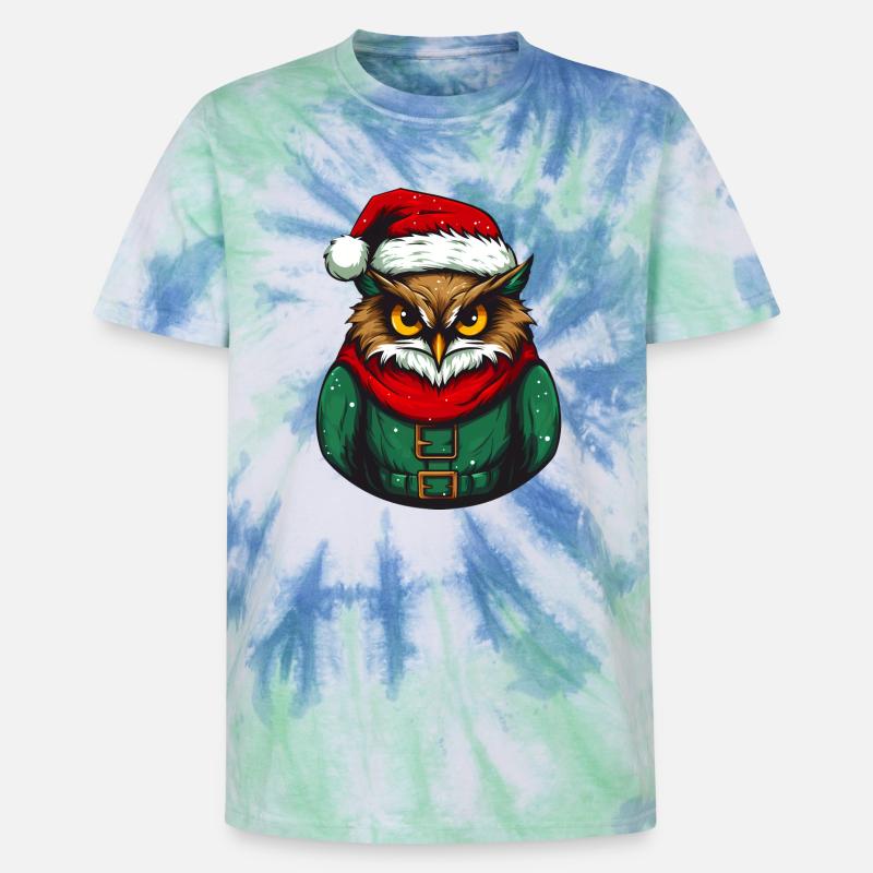 Hibou de Noël en pull vert - T-shirt tie-dye premium unisexe - bleu spirale
