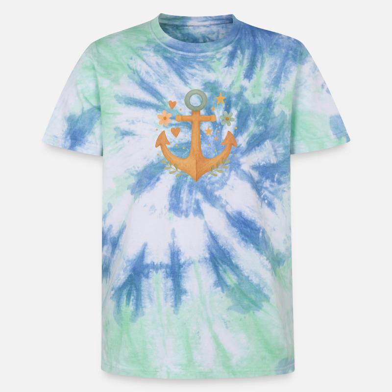 Boho Anker mit Blumen & Herzen Design - Unisex Premium Tie Dye T-Shirt - Spiralblau