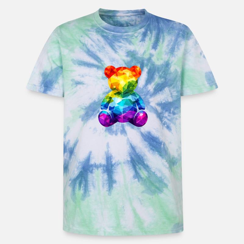 Rainbow teddy bear in geometric pattern - Unisex Premium Tie-Dye T-Shirt - Blue Spiral